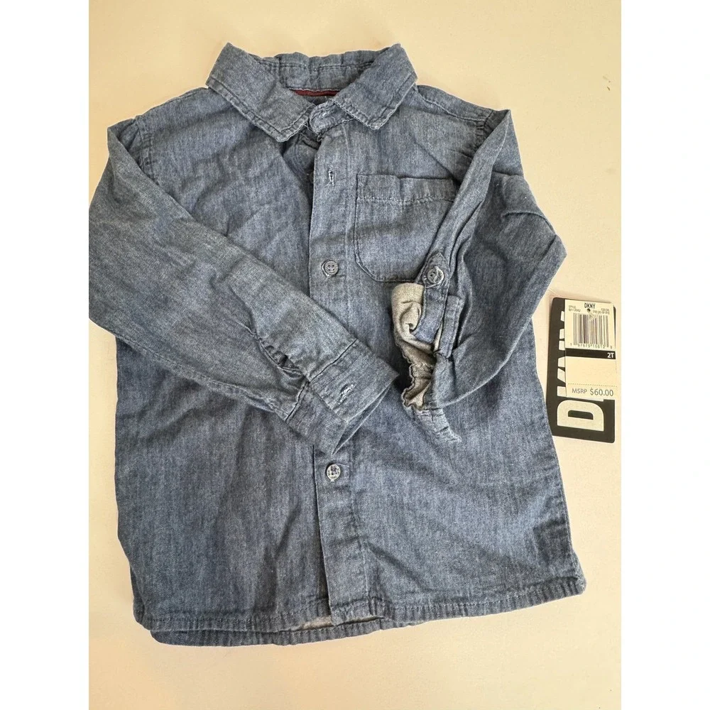 DKNY Shirt Boys 2T Blue Chambray Denim Button Up Long Sleeve‎ Pocket New Tag